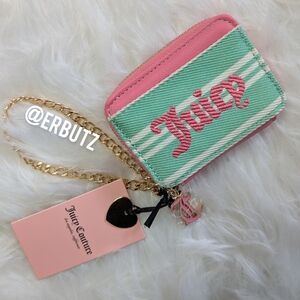 Juicy Couture Pink & Mint Wristlet Wallet with Gold Chain and JC Zipper Pull 👛